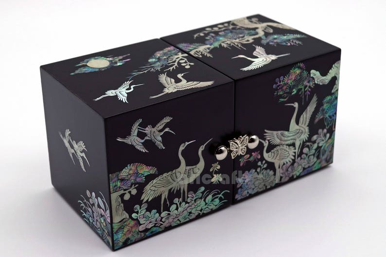 Mother of Pearl Jewelry Box Crane Black Secret Lacquer Drawer Etsy UK
