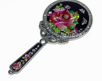 Mother of Pearl Makeup Cosmetic Hand Mirror, Handbag Purse Compack Mirror, Princess Mirror, hand pocket Princess Mirror, Rose Design