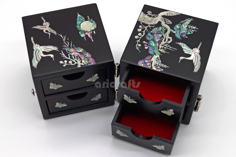 Mother of Pearl Jewelry Box Crane Black Secret Lacquer Drawer Etsy UK