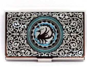 Mother of Pearl Lacquer Nacre Inlaid Najeon Metal Business Name ID Credit Card Money Cash Case Holder Wallet Purse Organizer, Crow Design