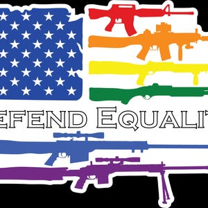 May include: A graphic design featuring a stylized American flag with a rainbow stripe pattern. The flag is overlaid with a series of silhouette images of rifles. The text "DEFEND EQUALITY" is printed below the flag.