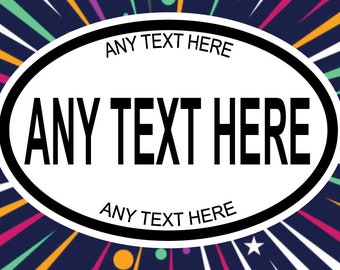 May include: A white oval with a black border and the text "ANY TEXT HERE" in black, surrounded by a colorful radial pattern of stripes and dots on a dark blue background.