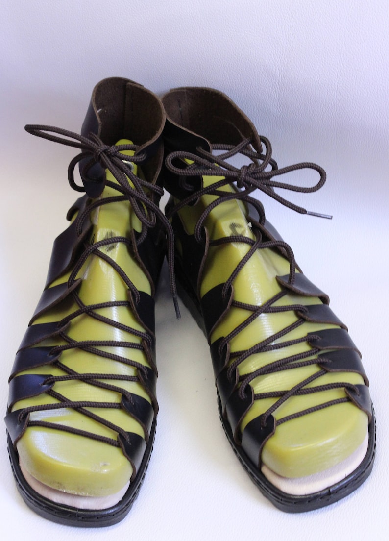 May include: A pair of brown leather sandals with a green insole and brown laces. The sandals have a strap that goes around the ankle and laces that tie up the front.