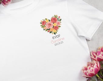 Camiseta de despedida de soltera, logo de corazón floral, equipo de la novia - la novia - despedida de soltera personalizada
