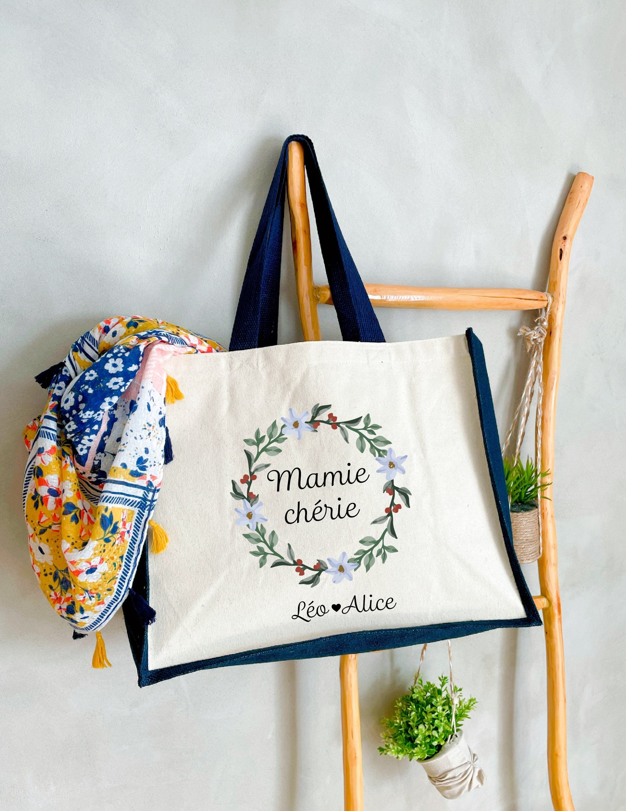 Tote Bag Brodé "Mamie Chérie" – Sac Cabas Élégant Avec Poche Extérieure – Cadeau Parfait Pour Mamie, Fête Des Grands-Mères, Anniversaire Ou Noël