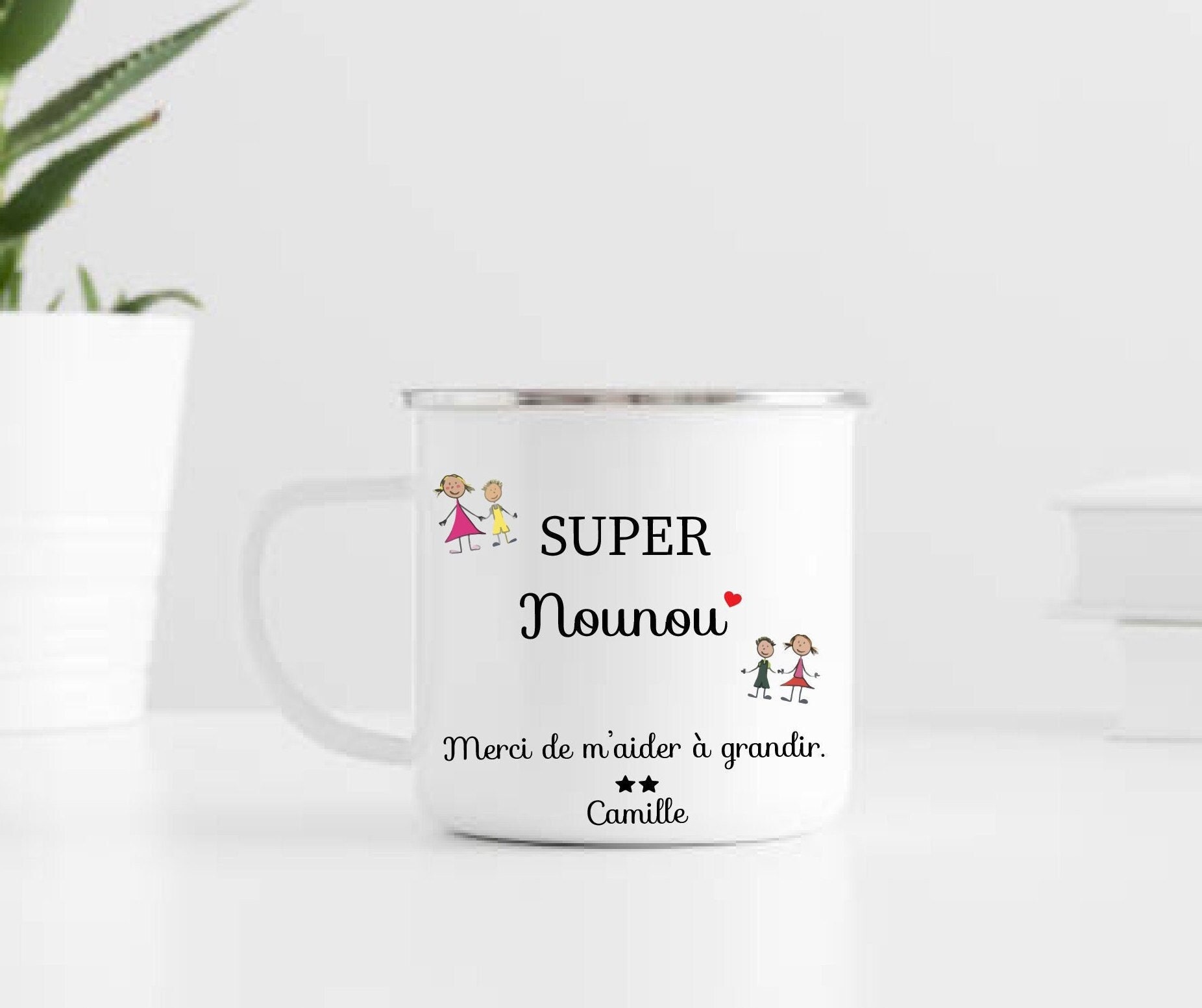 Mug Nounou, Mug Émaillé Merci de M'aider à Grandir, Cadeau Nounou
