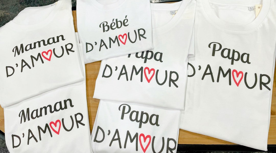 Tee shirt famille, papa d'amour, maman d'amour, bébé d'amour, t-shirt