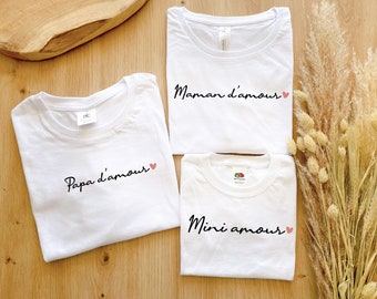 tee shirt maman papa mini amour, t-shirt famille assorti, papa d'amour mini, maman d'amour mini