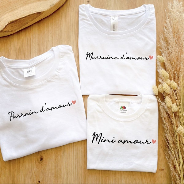 t-shirts parrain marraine mini, cadeau parrain marraine baptême, marraine d'amour, parrain d'amour mini