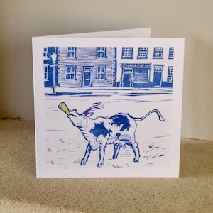 Party Cow - artist card from original linocut print