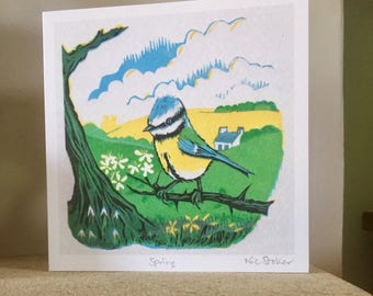 Spring - artist card from original linocut print