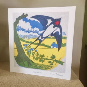 Verano - tarjeta de artista de impresión linocut original