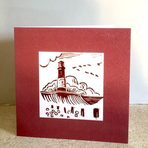 Spurn Lighthouse - tarjeta de artista de la impresión linocut original