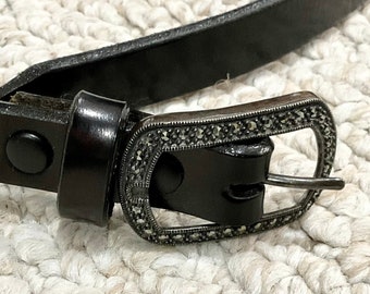Vintage Women’s 'JUDITH JACK' Black Leather Belt w/Marcasite Buckle