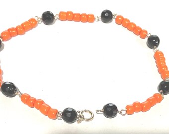 Neues 14k Gold ONYX & CORAL Armband / Fußkettchen (verschiedene Längen)