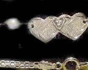 NEUE 14K Weißgold / 3 Dia / Perlenherz / geflügeltes Fußkettchen - kostenlose Gravur