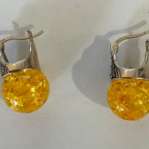 Nice Pair of Decorative Sterling Silver Amber & Marcasite Earrings