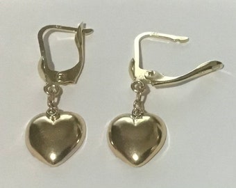 New 14k Gold Hanging Shiny HEART Euroback Earrings