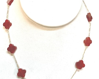 New 14k gold Famous Designer Carnelian 12 mm Clover Necklace (Assorted Lengths Available)