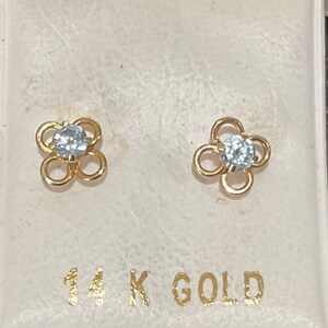 New 14k Gold/3mm Aquamarine Floral Baby Ball Stud Earrings