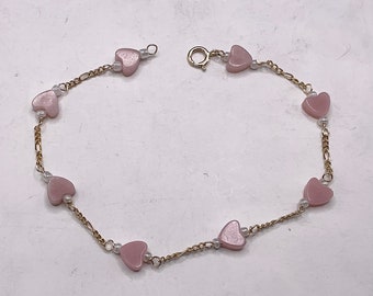 Brand New 14k Gold Bead Bracelet or Anklet w/Pink Opal-Pearl Heart Beads