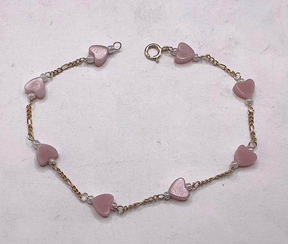 Brand New 14k Gold Bead Bracelet or Anklet W/pink Opal-pearl Heart