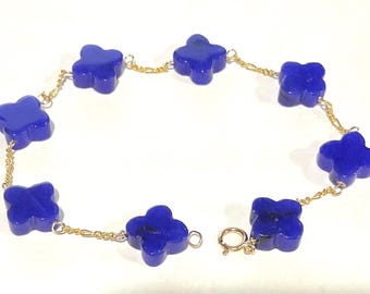 Brandneue 14k Gold berühmte Designer Clover Blau Achat Armband