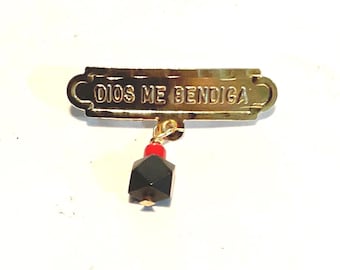 New 14kt Solid Gold Azabache Baby Pin "DIOS ME BENDIGA"