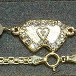 New 14K Yellow Gold/5 Diamond Hearts/Birthstone Anklet w/wings-Free Engraving