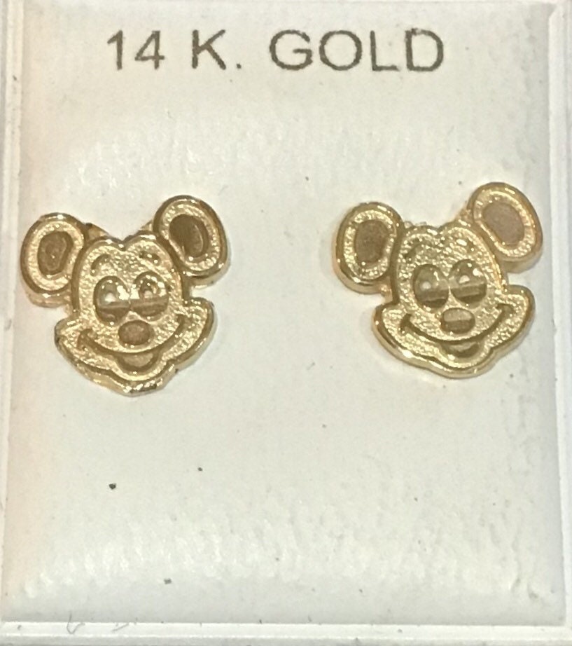 Mouse Earring Stud Cute 14k Solid Yellow Gold Mouse With Ribbon