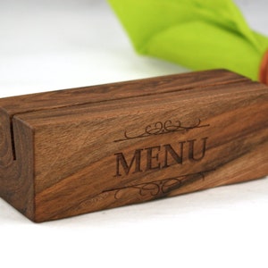 Set van 12 notenhouten menuhouders, op maat gemaakte houten tafelmenustandaards, gepersonaliseerde tafel-/tafelborden, restaurant-/cafétafelmenubord