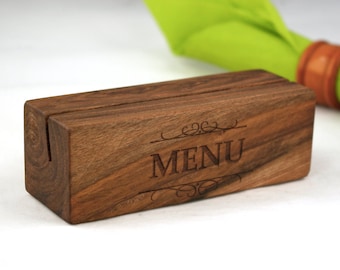 Set van 12 notenhouten menuhouders, op maat gemaakte houten tafelmenustandaards, gepersonaliseerde tafel-/tafelborden, restaurant-/cafétafelmenubord