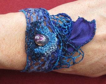 Embroidered cuff bracelet for women, textile art, needle lace and embroidery, gift idea. CHANDANI