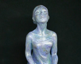 Sculpture Young girl in a blue dress, statue, terracotta and patinated, art object, figurative sculpture, gift idea