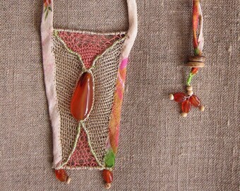 embroidered long necklace for women, textile art, embroidery, needle lace, gift idea, KAAN