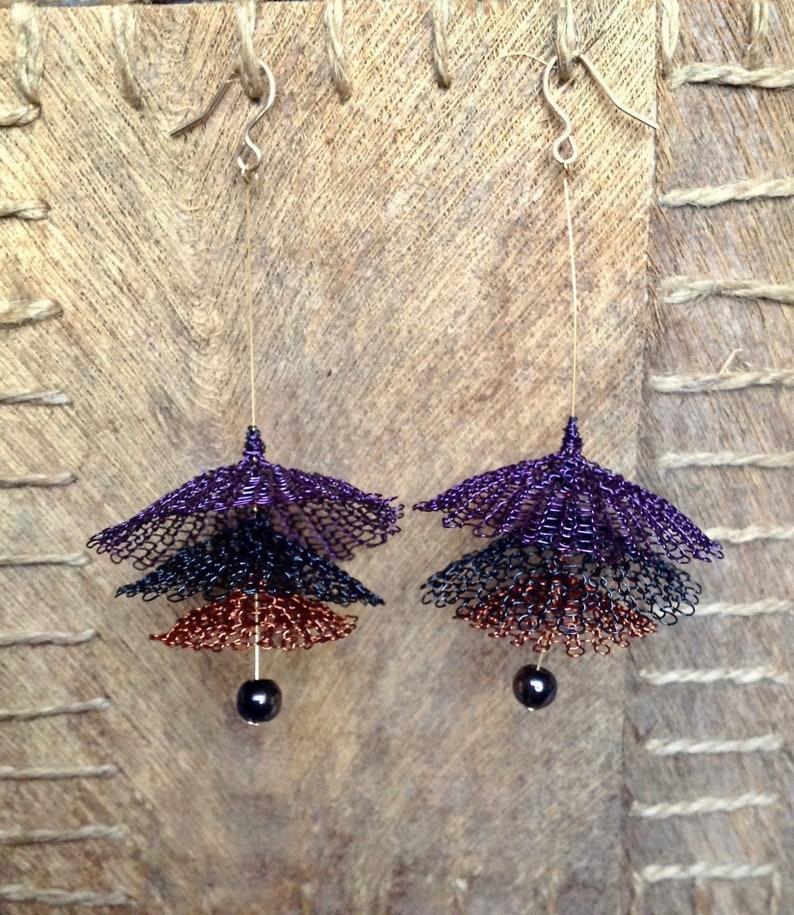 knitted copper yarn Women/'s pendant earrings 14-karat gold hooks gift idea