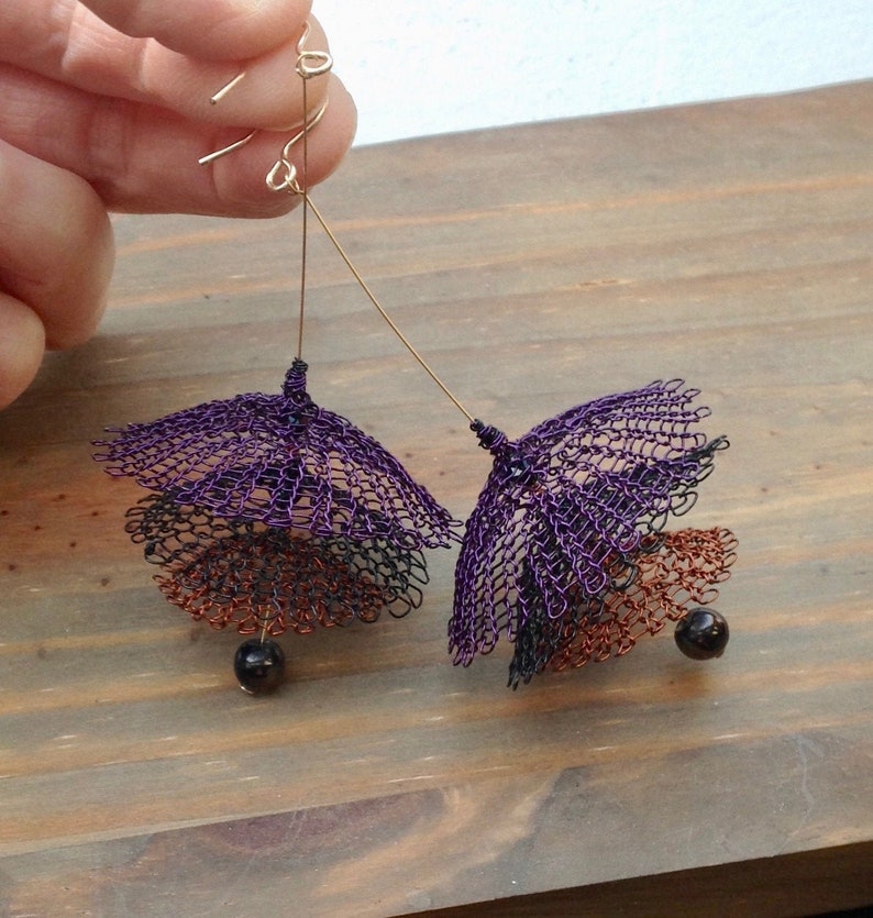 knitted copper yarn Women/'s pendant earrings 14-karat gold hooks gift idea