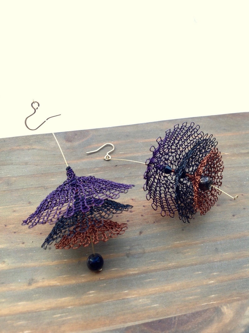 knitted copper yarn Women/'s pendant earrings 14-karat gold hooks gift idea