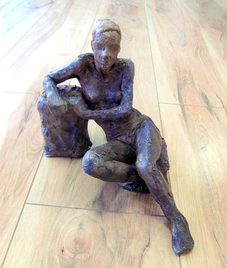 Nude woman sculpture, statue, terracotta and patinated, art object, figurative sculpture, gift idea, blue and purple colors image 1