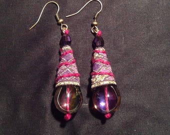 Drop earrings for women, Designer Jewelry, Textile art, glass drop, gift idea.