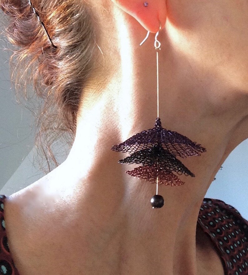 knitted copper yarn Women/'s pendant earrings 14-karat gold hooks gift idea