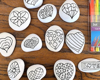 Set of 12 Adult Coloring Rocks - Heart Theme, Painted Rocks kit, Painting kit,  DIY kit,  Zentangle, Kindness Rocks, Painted Stones, Gift