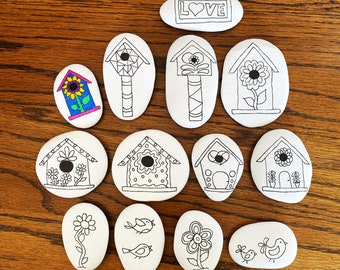 Set of 12 Birdhouse Coloring Rocks, Adult Painted Rock kit, Craft Painting Kit, DIY, Zentangle, Kindness Rocks, Painted Stones