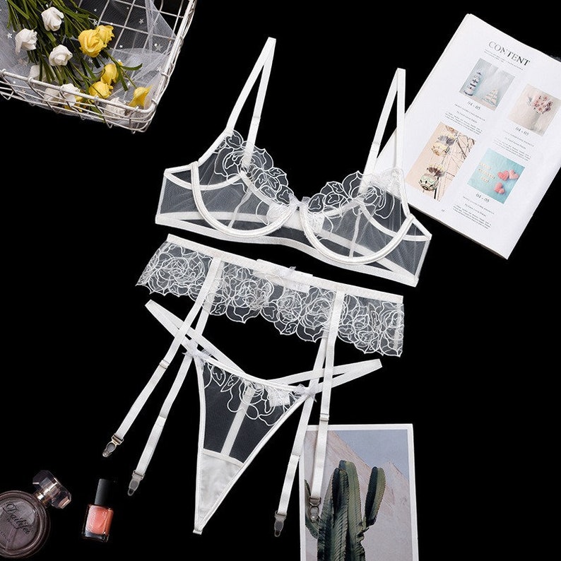 Bridal Lingerie Set White Flower Sexy Sheer Three Piece Lingerie ...