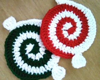 Crochet holiday coasters, Christmas decor, peppermint coasters, spearmint decor, swirl coasters, candy cane, crochet peppermint coasters