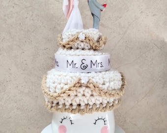 Crochet wedding marshmallow mug hat, messy bun, anniversary, tier tray decor, wedding decor, bride, groom, mug topper, wedding cake