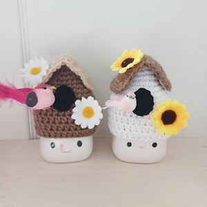 Crochet birdhouse marshmallow mug hat, spring marshmallow mug hat, tiered tray, mug topper, bird, birdhouse,  summer, spring, fall