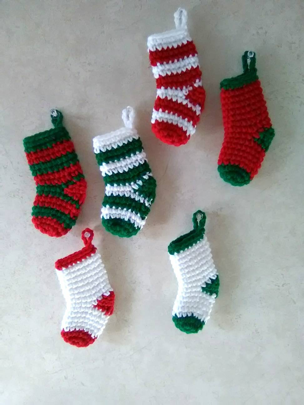 set of 6 crochet mini stocking ornaments, mini Christmas stockings, ornaments, decorations, holiday decor, tiered tray, Christmas in July