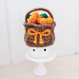 Crochet basket of pumpkins marshmallow mug hats, tier tray decor,  mug topper, Thanksgiving, Halloween decor, pumpkin bowl fillers