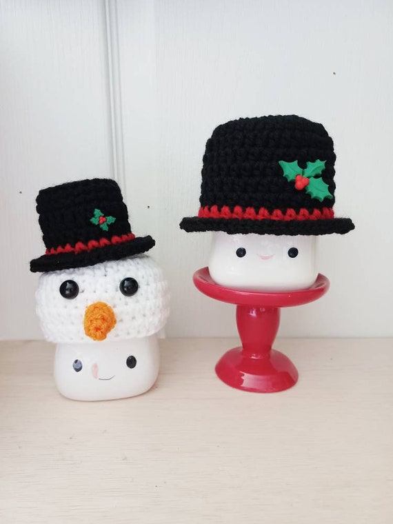 Crochet Christmas marshmallow mug hats, mug topper, Christmas, decor, tiered tray, snowman marshmallow mug hat, snowman face,  snowman hat